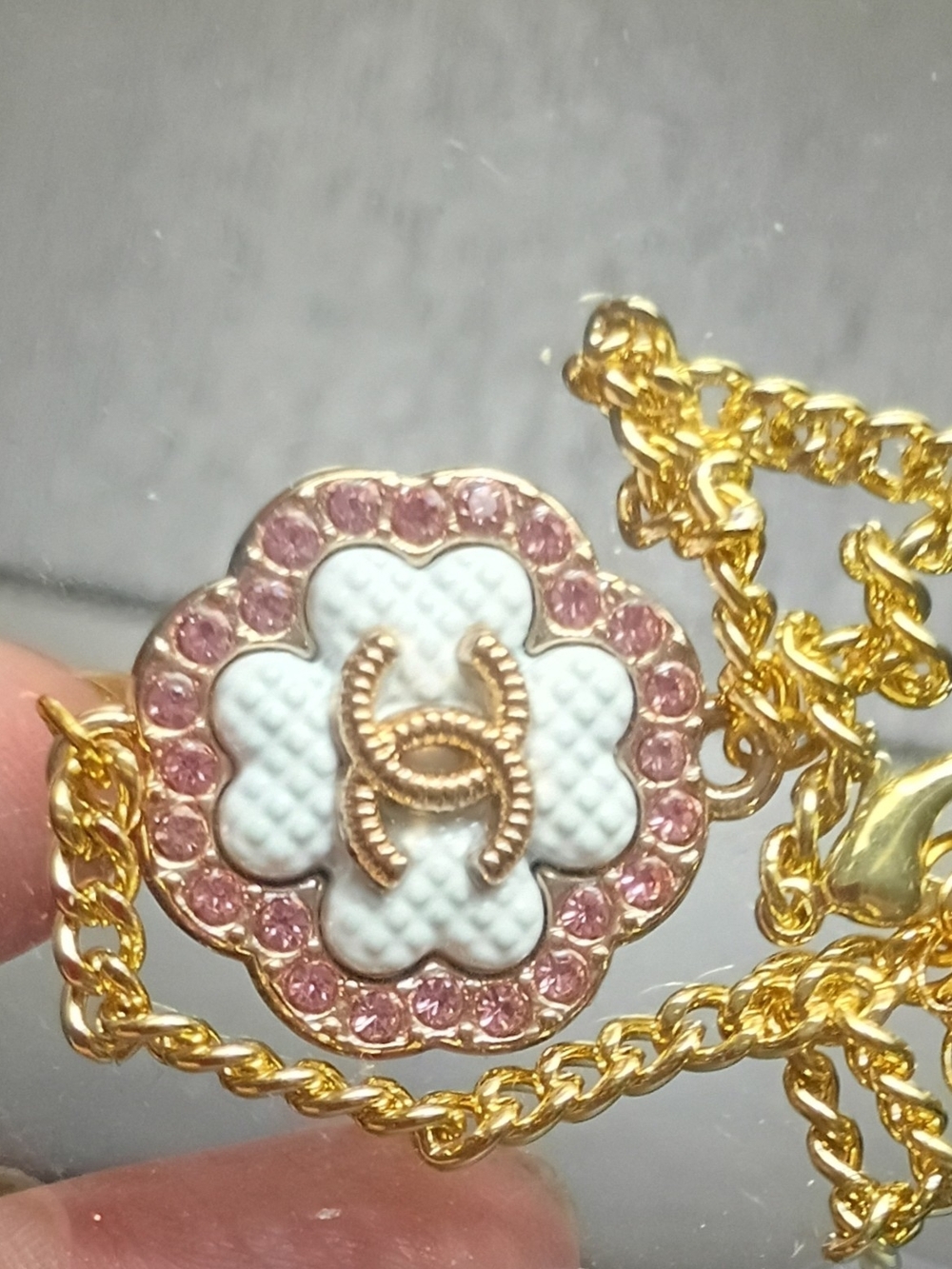 Gold-Tone Pink Crystal & White Enamel Flower Pendant Bracelet